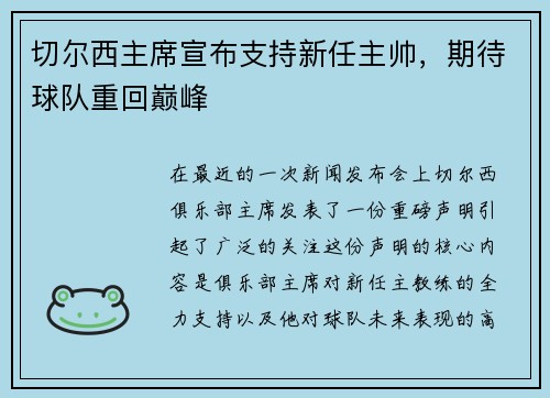 切尔西主席宣布支持新任主帅，期待球队重回巅峰